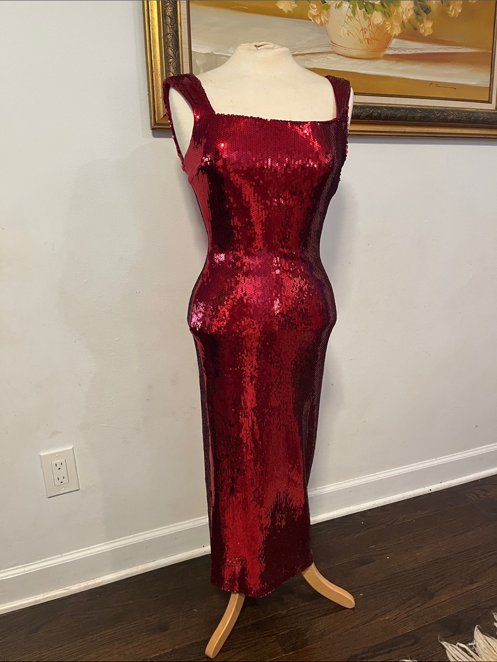 Sleeveless Red Sequin Midi Dress with Square Neckline